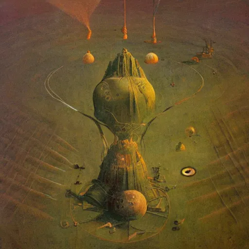 Image similar to aerial shot of fantastic machinery terraforming Venus, in the style of zdzisław beksiński, composition by hieronymus bosch,