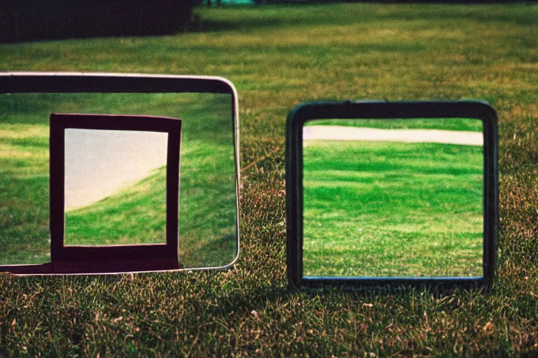 Image similar to film color photography, long view of small square mirror lies at the green lawn, no focus, 35mm