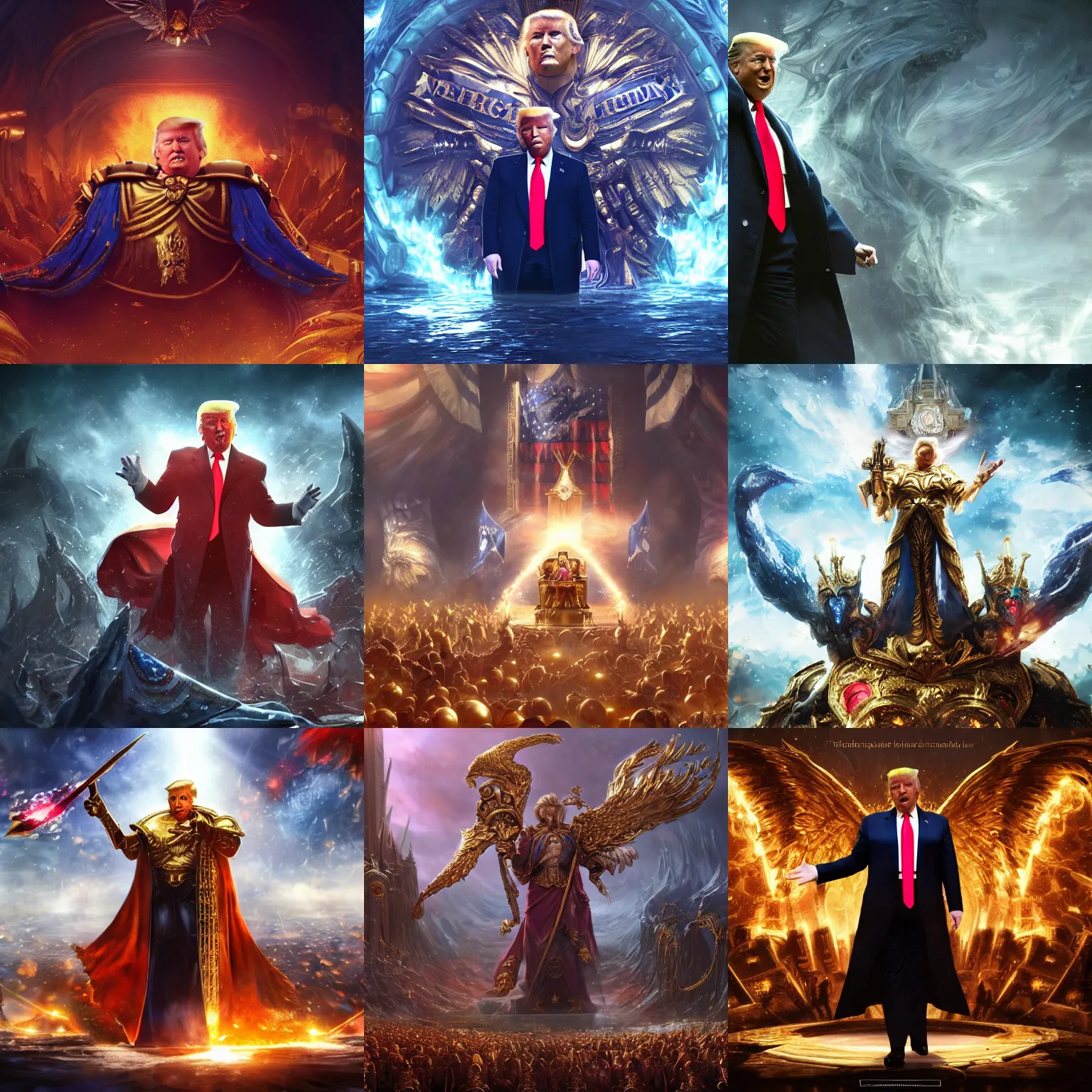 Prompt: Donald Trump as the god-emperor of mankind, amazing splashscreen artwork, splash art, natural light, elegant, intricate, fantasy, atmospheric lighting, cinematic, matte painting, concept art, cgsociety, octane render, trending on artstation, artstationHD, artstationHQ, unreal engine, 4k, 8k hd wallpaper, ultra high details