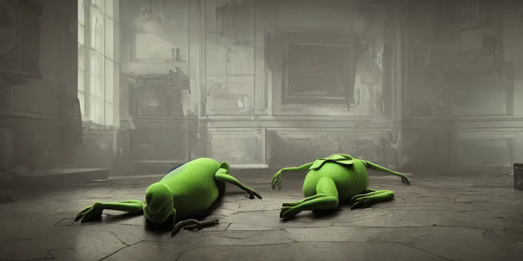 Image similar to kermit, horror, dark cinematic, volumetric, realistic, 3d render, Realistic Render, Cinematic lighting, Volumetric lighting, atmospheric, cinematic, unreal engine, unreal engine render, octane render, HD, photorealism, hyper realistic, photo, 8K, in the style of Chris Cunnigham, by Wes Anderson