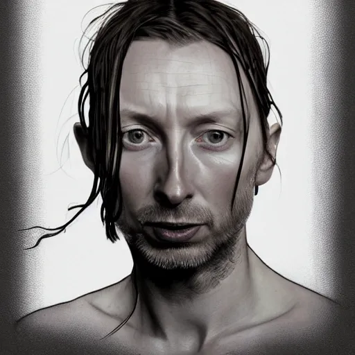 Image similar to hyper realistic portrait of cleanshaven thom yorke hairless, variations singer songwriter ok computer, ( side ) profile, liminal space, by lee bermejo, alphonse mucha and greg rutkowski, no beard, smooth face