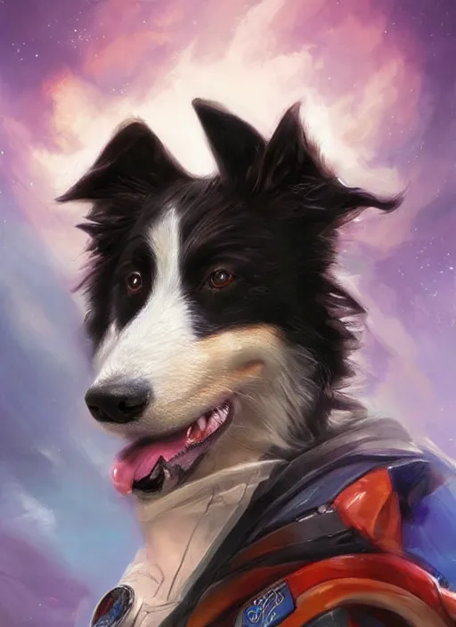 Image similar to beautiful portrait of a cute male anthropomorphic border collie fursona wearing a spacesuit in the ocean. by charlie bowater, henry asencio, and ross tran. scenic background, detailed, concept art, detailed hands, glamor pose, aesthetic, trending on artstation, top rated on furaffinity and deviantart