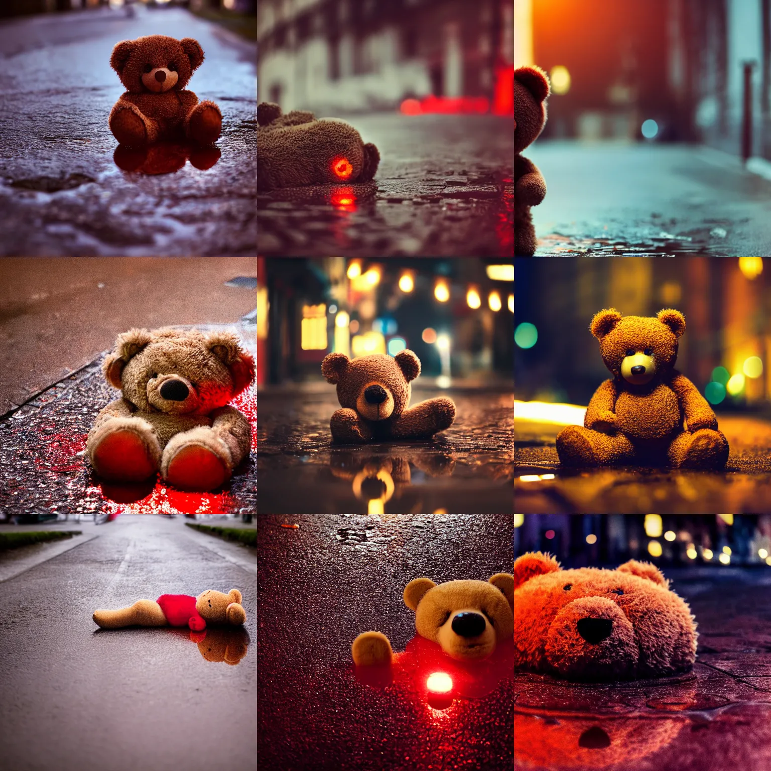 Prompt: close up photo of a sad teddy bear lying in a puddle in a red lit back street, cinematic, depth of field, bokeh, atmospheric, 8k, trending on artstation