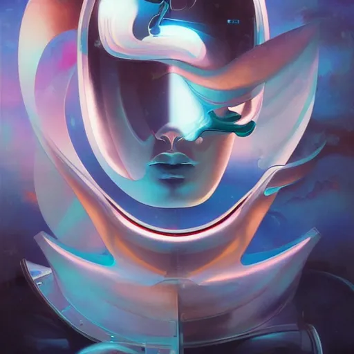 Image similar to scifi futurism automaton minimalism chrome by peter mohrbacher art Hajime Sorayama airbrush hyperrealism model abstract shatter fragments cubism futurism pastel blue soft flat minimal minimalism portrait face jackson pollock ukiyo-e lithograph mark ruthko swirl escape noise shimmer glow paint