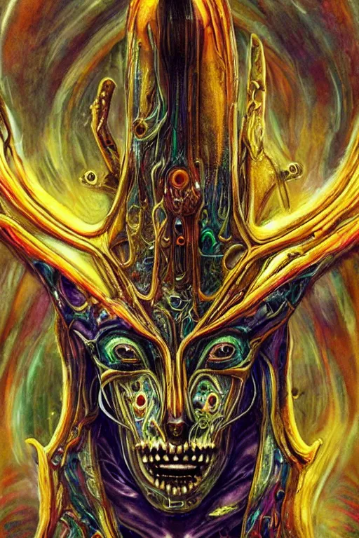 Image similar to Elden Ring and psychedelic themed painting of majestic chromatic biomechanical anatomical human demon Anubis pharaoh ceremonial bloodstained mask closeup face, golden ratio concept, Neo-Gothic concept, infinity hieroglyph waves, intricate artwork masterpiece, very coherent artwork, cinematic, full frontal facial features by Artgerm, art by H.R. Giger, Joseph Michael Linsner, Alex Grey, Johnatan Wayshak, Moebius, Ayami Kojima, very anatomically coherent artwork, trending on cgsociety, ultra high quality model, production quality cinema model, high detail chromatic ink outline, octane render, unreal engine 8k, hyper realism, high detail, octane render, unreal engine, 8k, High contrast