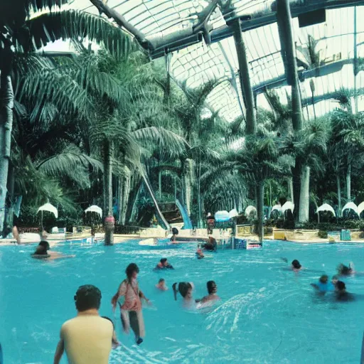 Image similar to inside waterpark with ferns and palm trees, liminal, photo from the 80s, found footage, wideangle,