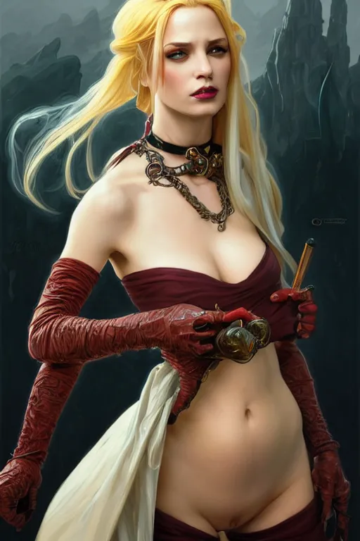 Image similar to Portrait of seductive female rogue, D&D, revealing stylish dress, choker on neck, long blonde or red hair, mouth slightly open, slight nerdy smile, fantasy, intricate, elegant, highly detailed, digital painting, artstation, concept art, smooth, sharp focus, illustration, art by artgerm and greg rutkowski and alphonse mucha
