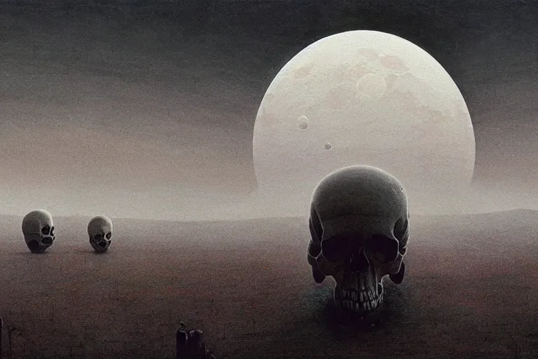 Image similar to a surreal and awe - inspiring science fiction landscape, moon in the sky looks like a skull, intricate, elegant, highly detailed matte painting by beksinski and simon stalenhag