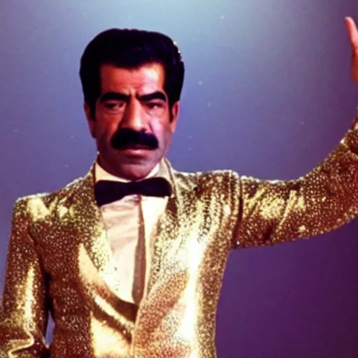 Prompt: A movie still of Saddam Hussein wearing a disco suit in Satuday Night Fever