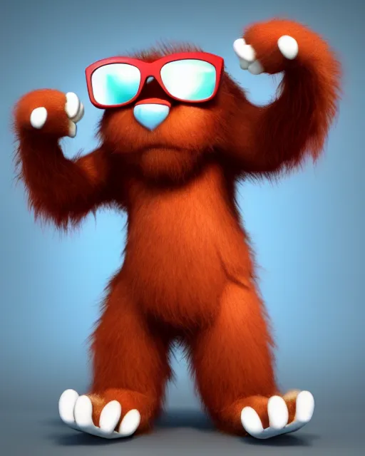 Prompt: 3 d render of completely red hairy friendly antropomorphic cartoony creature wearing white ray - ban shades, full body, simple, cute, white background, unreal engine 5 hdr