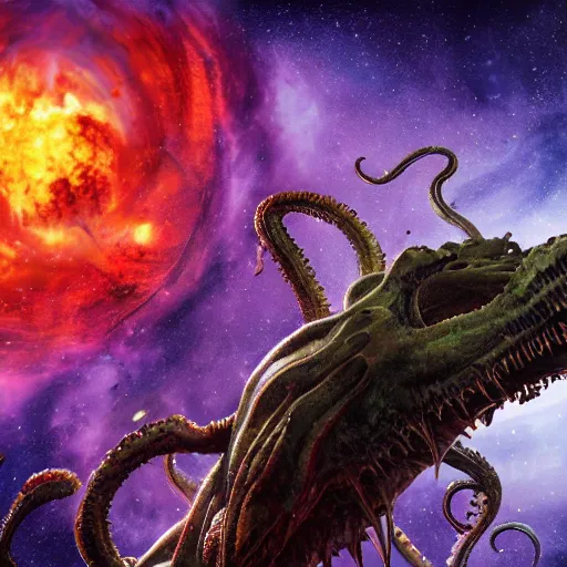 Image similar to one eldritch horror bloody garfield in space, galaxy, hd, 8 k, explosions, gunfire, lasers, giant, epic, realistic photo, unreal engine, stars, prophecy, powerful, cinematic lighting, destroyed planet, debris, movie poster, violent, sinister, ray tracing, dynamic, print, epic composition, dark, horrific, tentacles, teeth