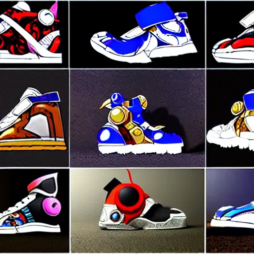 Image similar to fantasy jrpg sneaker design designed by capcom megaman, chrono trigger guilty gear sneaker styles, aztec mayan street fashion native punk sneaker design, focus on megaman hip hop sneaker design with subtle mayan patterns, trending on pixiv fanbox, painted by akira toriyama and studio ghibli princess mononoke megaman capcom