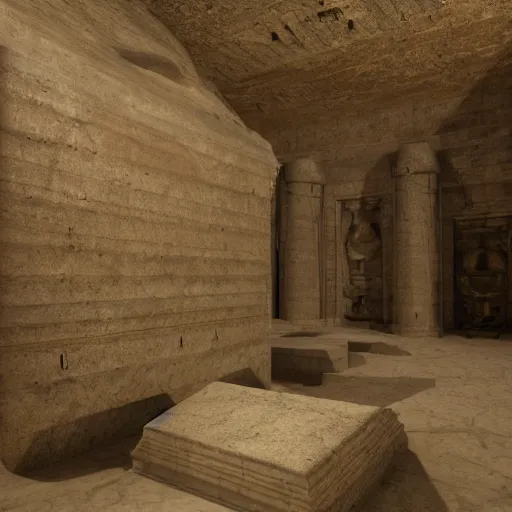 Prompt: giant egyptian tomb in pyramide, spectacular eerie creepy mood, lovecraft, ridley scott, zack snyder, fenghua zhong, realistic cinematic lighting, establishing action shot, ultra detailed, hyper realism, photo, octane render, no depth of field