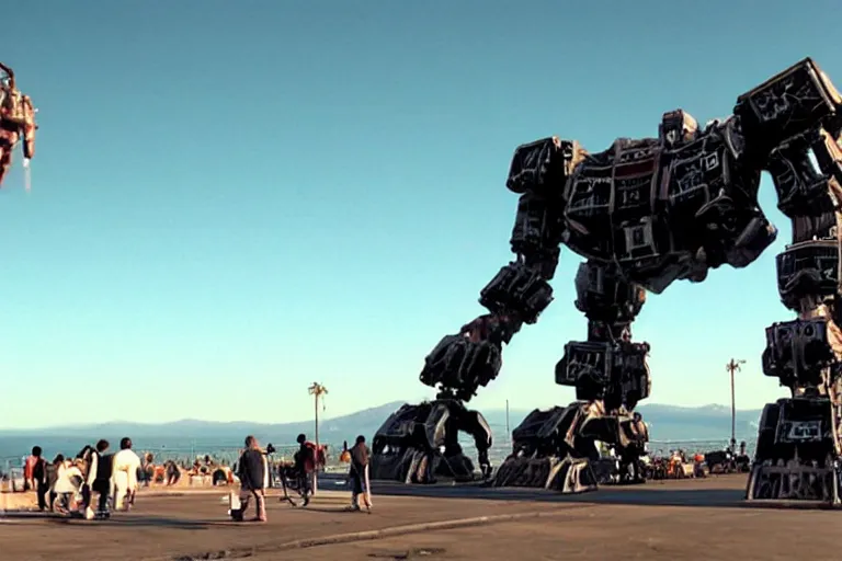 Image similar to cinematography of giant Mech on Santa Monica peer By Emmanuel Lubezki