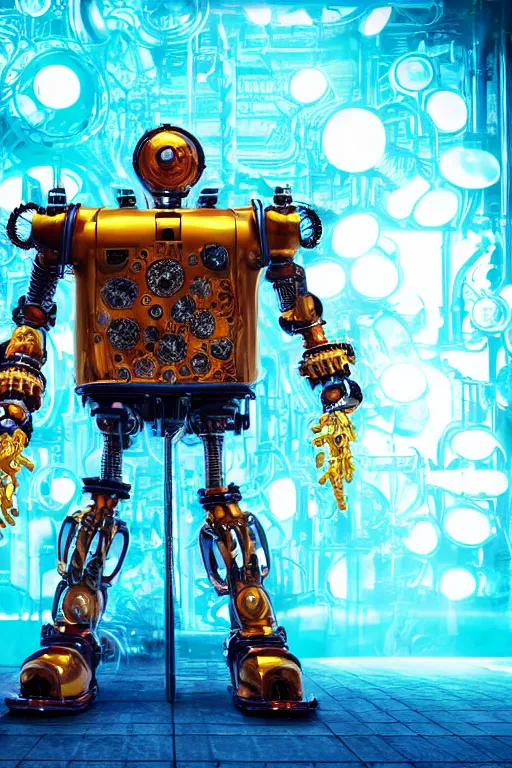 Image similar to portrait photo of a giant huge golden and blue metal steampunk robot with gears and tubes, robot is made of vaccuumcleaner, on the wet floor are mop and bucket, eyes are glowing red lightbulbs, shiny crisp finish, 3 d render, 8 k, insaneley detailed, fluorescent colors, background is multicolored lasershow