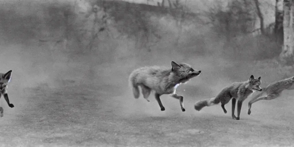 Prompt: anthropomorphic fox being chased, 1 9 3 0 s film still, ladislas starevich