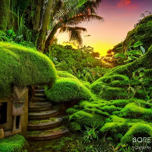 Image similar to a jungle temple surrounded by moss and tropical flowers, with a sunset, by alex horley, bokeh photography