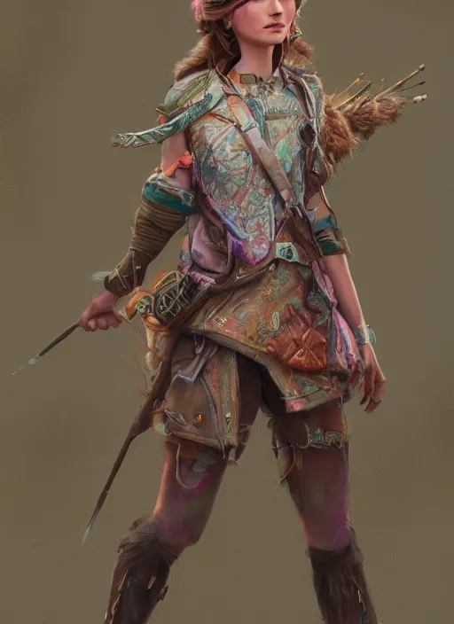 Prompt: full body concept art illustration pastel painting of a Disney huntress in full intricate clothing, ultra detailed digital art, octane render, 4K, dystopian, micro details,