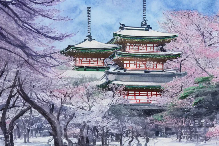 Image similar to japanese 寺 in a 雪 landscape surrounded by 桜, long shot, watercolour painting, 4k, artstation