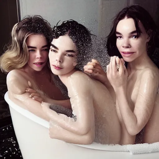 Image similar to stunning vogue magazine photo of dark - haired goddesses vanessa kirby, hailee steinfeld, and bjork smiling, legs intertwined, in a bubble bath, with wet faces!!, wet lips, smooth skin, perfect eyes, insanely detailed, elegant, by wlop, rutkowski, livia prima, mucha, wlop,