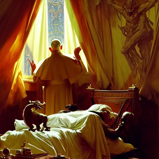 Prompt: the pope is in his bed, nervous and terrified, because a double horned shadow beast from hell is attacking him. highly detailed painting by gaston bussiere, j. c. leyendecker, greg rutkowski, craig mullins 8 k