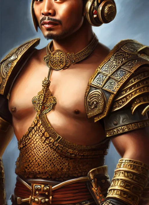 Image similar to smart tai warlord, closeup portrait, historical hero, ethnic group, sukhothai costume, bronze headset, intricate, with leather armor cross on bare chest, tai body tattoo, elegant, loin cloth, highly detailed, oil painting, artstation, concept art, matte, sharp focus, illustration, hearthstone, art by earl norem