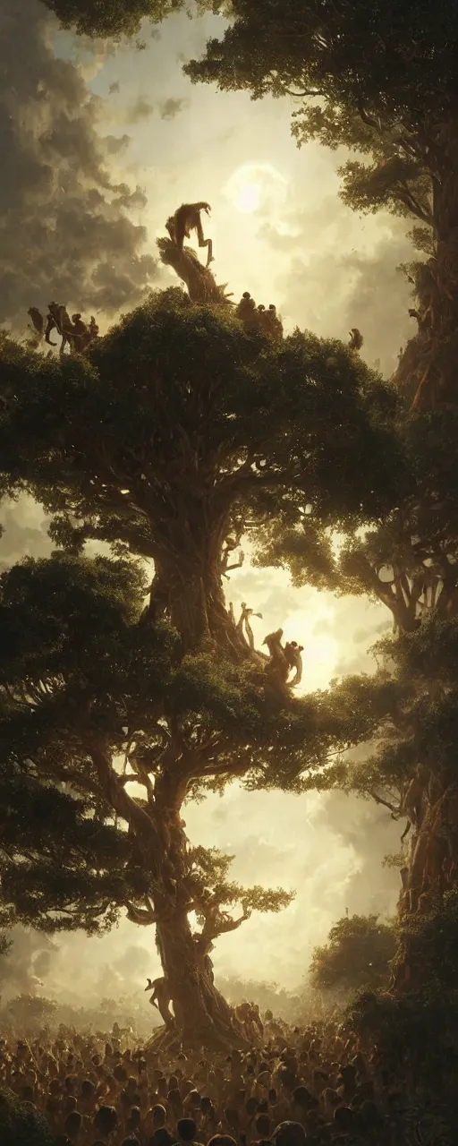 Prompt: monkeys climb a giant tree, intricate details, finger branches, backlit, clouds, a crowd of robed worshipers, concept art, by greg rutkowski