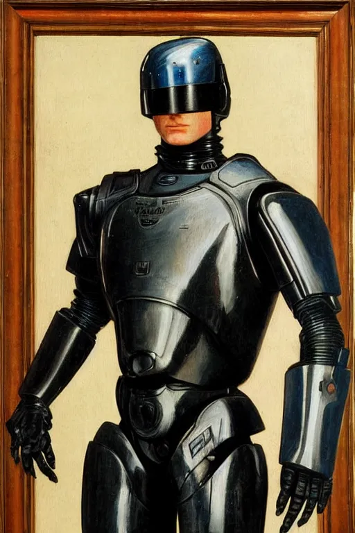 Prompt: a pre raphaelite painting of robocop by dante gabriel rossett