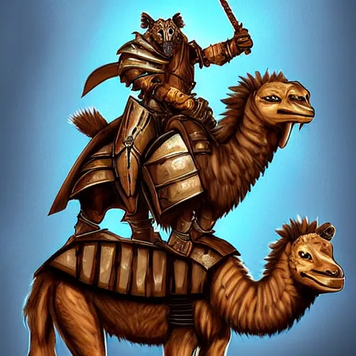 Image similar to Gnoll, metal armor, lance, riding a camel, D&D, fantasy, digital art