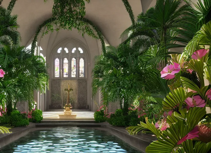 Prompt: cathedral interior with koi pond in the middle surrounded by palm trees, ivy, flowers, tropical plants, roses, and with archways. rendered in octane render with photorealistic lighting