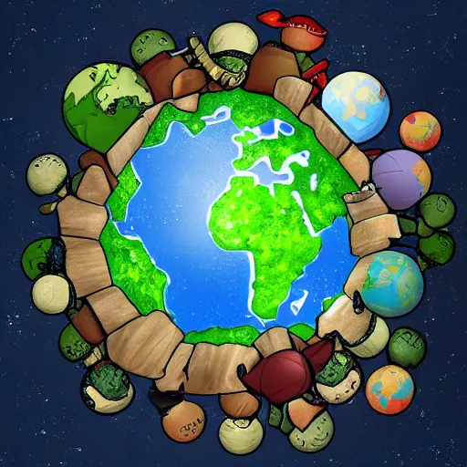 Image similar to earth globe on top of stack of turtles, turtles all the way down, digital art