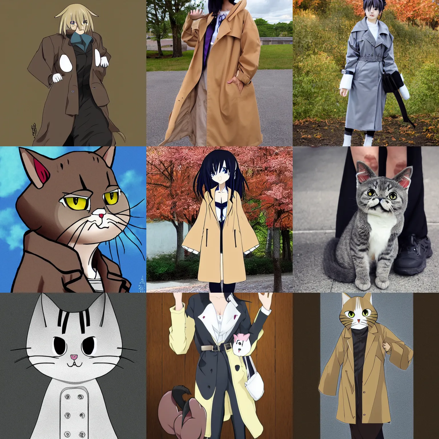 Prompt: anime tall, lumpy cat in trench coat