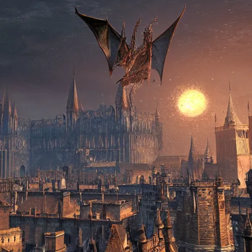 Prompt: A sprawling view of Anor Londo, Dark Souls in a starry night, a dragon flies in the distance