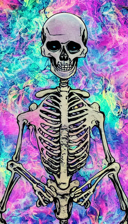 Image similar to skeleton vaping with psychedelic background