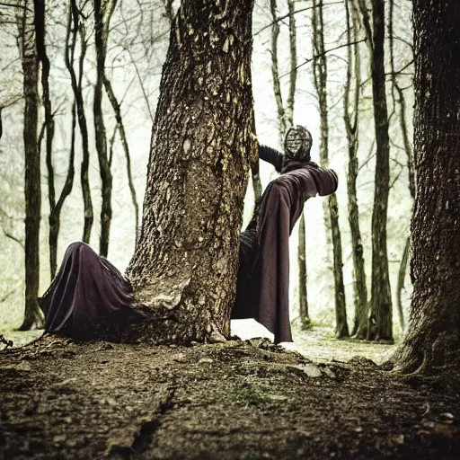 Image similar to lizard human nomad resting against a tree wearing a medieval cloak, photograph captured in the woods