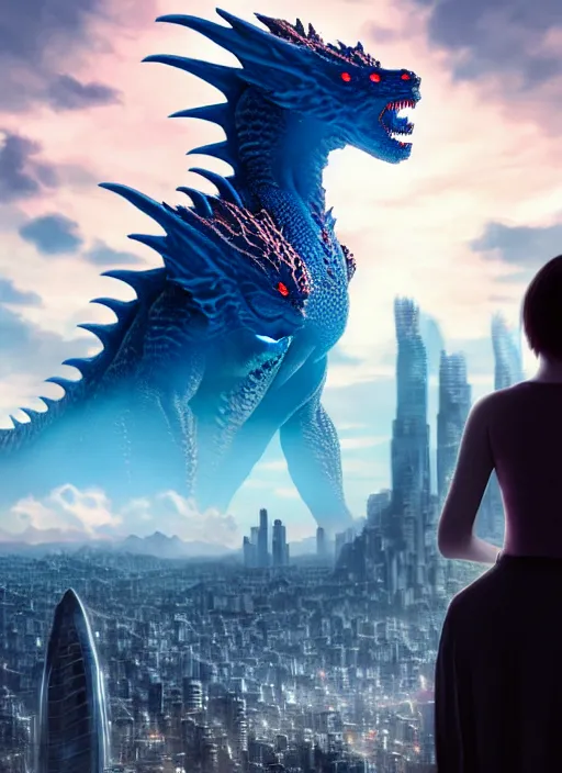 Image similar to artgerm, giant Kaiju dragon monster, god, tiny woman staring up at the Kaiju, expansive, unearthly, 8k, wide-shots, ginormous, horror, looming over city