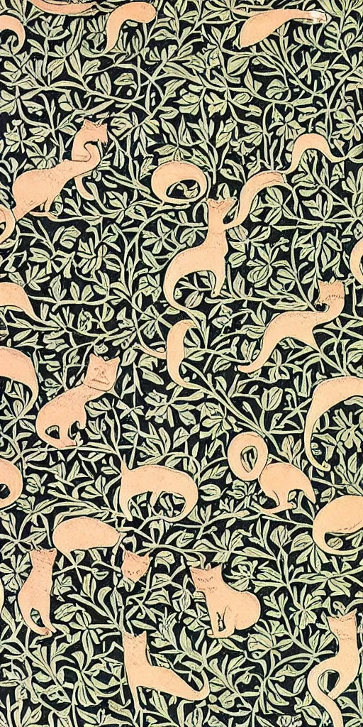 Prompt: a group of cats, happy, beautiful, style of william morris print