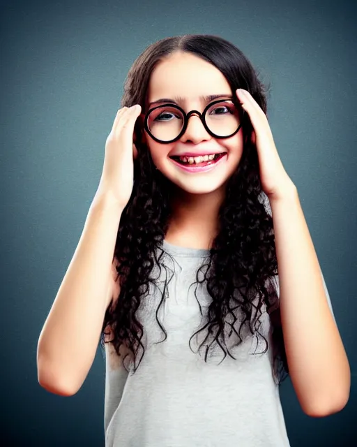 Prompt: oil picture of a beautiful happy young girl with round glasses, curly black hair, triangular face, teeth visible, 8k, trending on