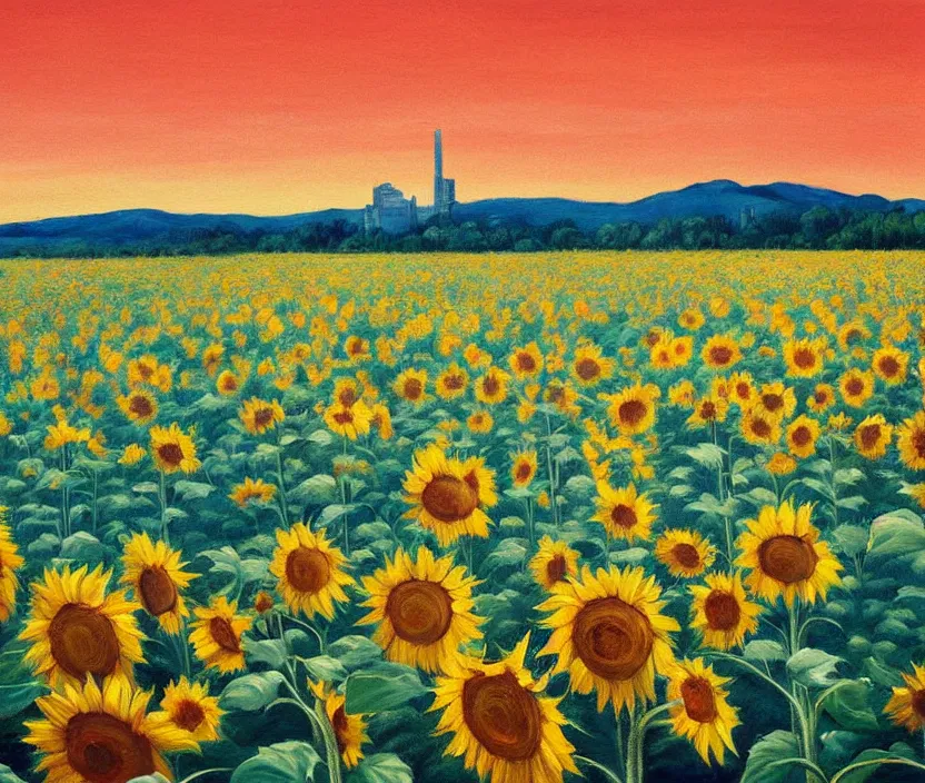 Image similar to a very detailed painting of a sunflower field, baby blue sky with very aesthetic stylized clouds, there is a city with futuristic buildings in the back, there are blue mountains in the back, in the style of edward hopper and hugo pondz, very fine brushstrokes, 4 k,