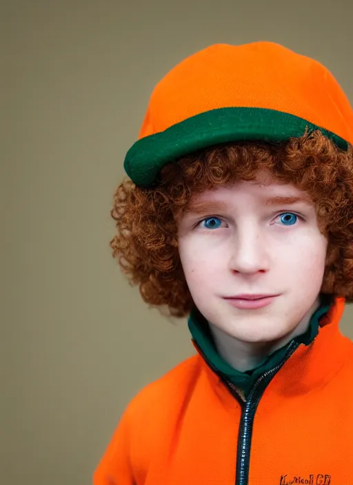 Prompt: portrait photo still of real life young kyle broflovski wearing an orange jacket and green hat, 8 k, 8 5 mm, f. 1 4