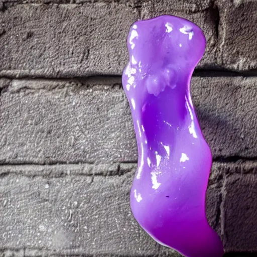 Image similar to photo of purple translucent slime coming out of a silver faucet, brick wall, 50mm, beautiful photo
