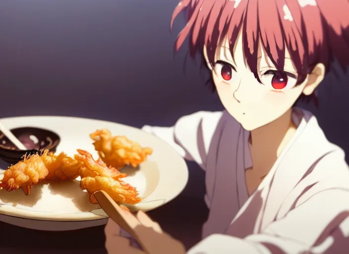 Prompt: a film still portrait of a plate with japanese food tempura, finely detailed features, closeup at the food, perfect art, at a dinner table, gapmoe yandere grimdark, trending on pixiv fanbox, painted by greg rutkowski makoto shinkai takashi takeuchi studio ghibli, akihiko yoshida