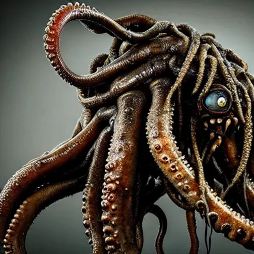 Image similar to photo taken of an epic intricate, ultra detailed, super realistic gritty, wet, slimy, lifelike sculpture of a nightmarish hellish alien creature with tentacle dreadlocks created by weta workshop for james cameron, zoomed in shots, photorealistic, sharp focus, white wall coloured workshop, cold blueish colour temperature, f 0. 4