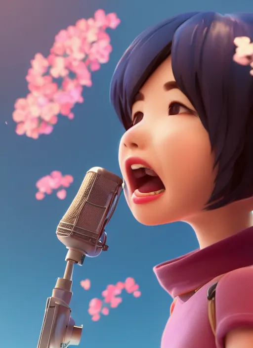 Image similar to a cute Asian girl singing, short stylish hair in the style of DreamWorks animation, mid-shot, low angle view, 16mm lens, award winning, hyper detailed, studio lighting, artstation, octane renderer, unreal engine