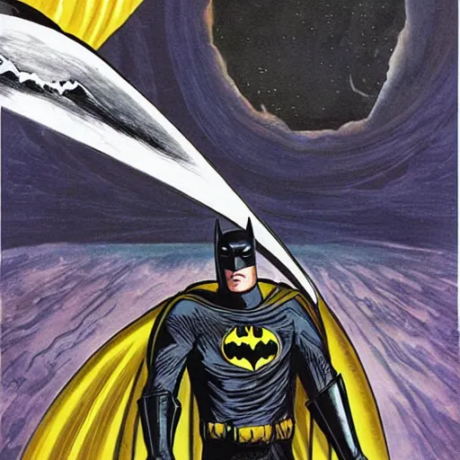 Prompt: batman surfing across the infinite cosmos, surfboard, grand scale, painting by h. g. giger