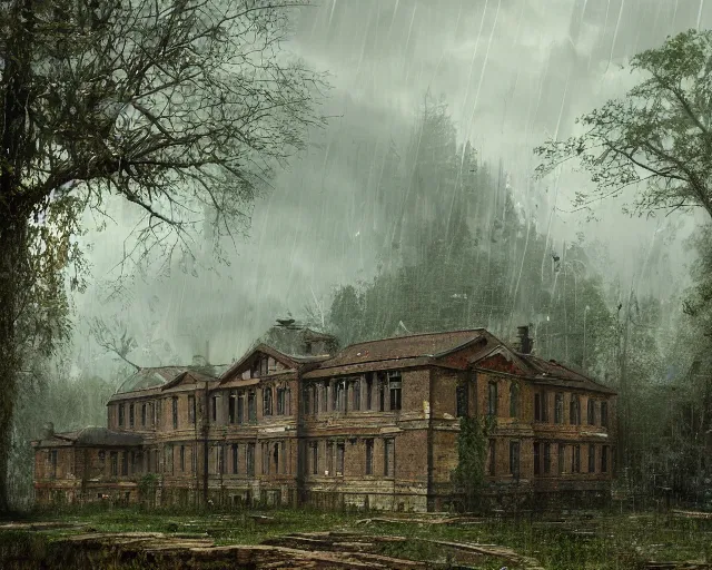 Prompt: A ruined school, heavy rain, full of trees, amazing scale, detailed matte painting, oil on canvas, digital art, trending on Artstation, HD, 4k, post-processing, landscape