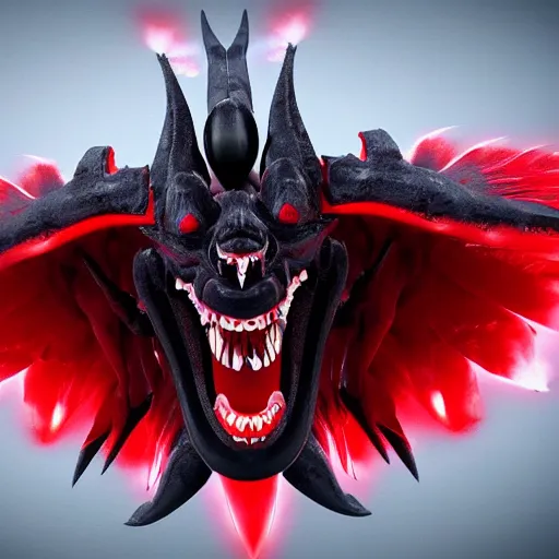 Prompt: black demon with evil face red eyes red mouth, wings, 3 d blender, 8 k, high quality, highly realistic photo realistic