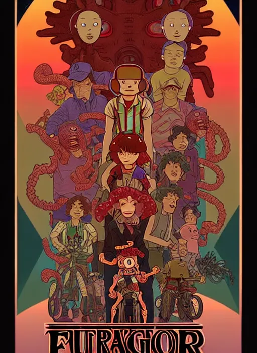 Image similar to animated version of Futurama Stranger Things scene with Demogorgon, cartoon, detailed faces, high resolution, hyper detailed, intricate, illustrated, dramatic lighting, illustration, concept art, smooth, sharp focus, art by Alphonse Mucha and Matt Groening !n-9