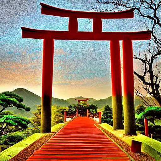 Image similar to a japanese landscape filled with torii arches, dawn, by adriane tomine