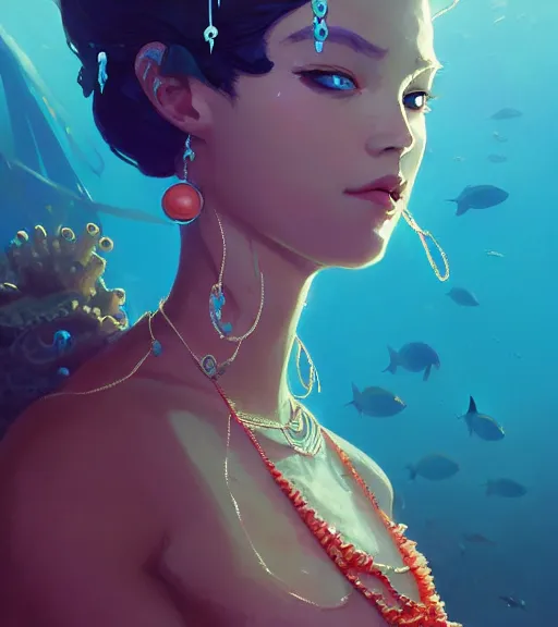 Image similar to portrait of a beautiful queen of the ocean with coral jewelry in complex and shiny dress made by jellyfish, by ross tran and atey ghailan, by greg rutkowski, by greg tocchini, by james gilleard, by joe fenton, by kaethe butcher, dynamic lighting, grunge aesthetic